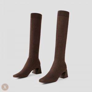 VIVAIA Rebecca Square-Toe Block Heel Knee-High Laarzen Dames Donkerchocola | QQH-8028