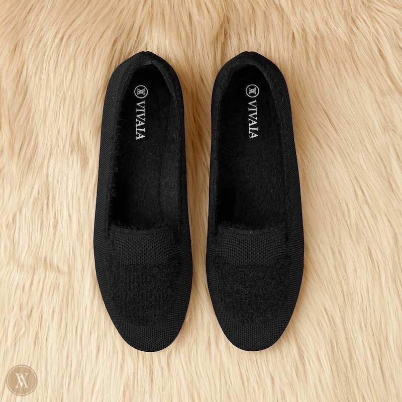 VIVAIA Audrey Round-Toe Faux Mink-Knit Loafers Dames Zwart | AQH-1562