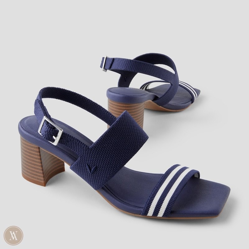 VIVAIA Luna Square-Toe Block Heel Sandalen Dames Donkerblauw Strepen | NXC-0346