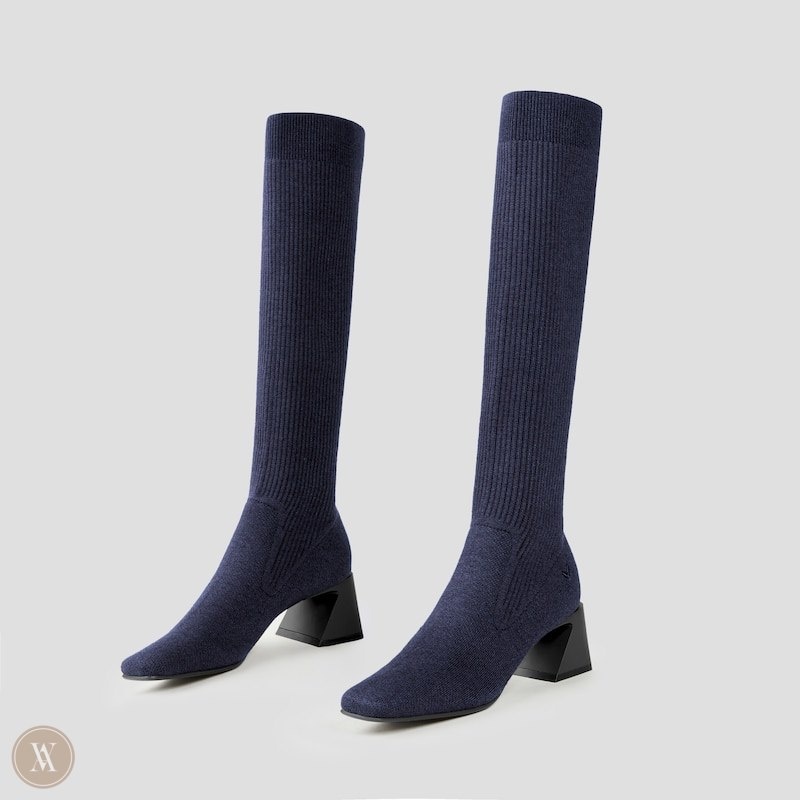 VIVAIA Rebecca Square-Toe Block Heel Knee-High Laarzen Dames Donkerblauw | UWB-5172